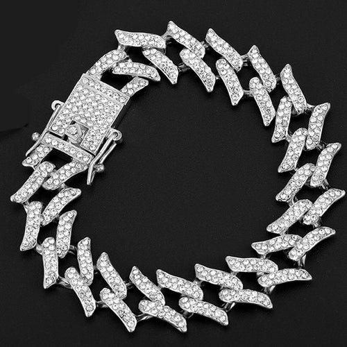 Iced Out Chain Bling Prong Miami Cuban Link Chains Bracelet 15mm Full Crystal Rhinestones Clasp Hip Hop Bracelet Mens